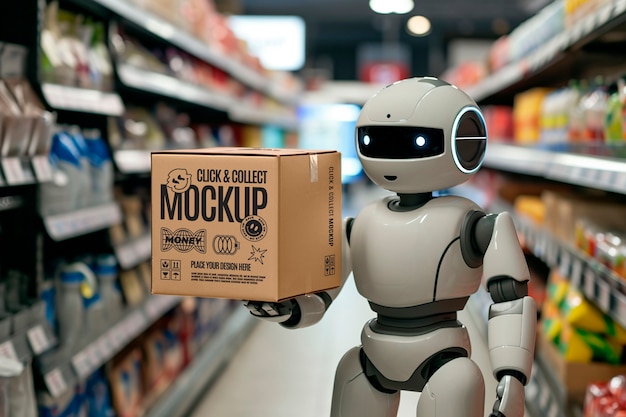 clock and collect delivery mock-up with robot handling boxes