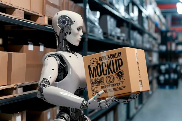 clock and collect delivery mock-up with robot handling boxes