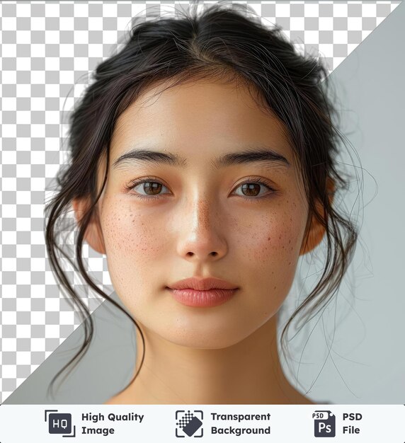 Close-up belo rosto de jovem asiática com pele limpa e fresca com olhos castanhos um nariz pequeno lábios cor-de-rosa e sobrancelhas pretas e castanhas