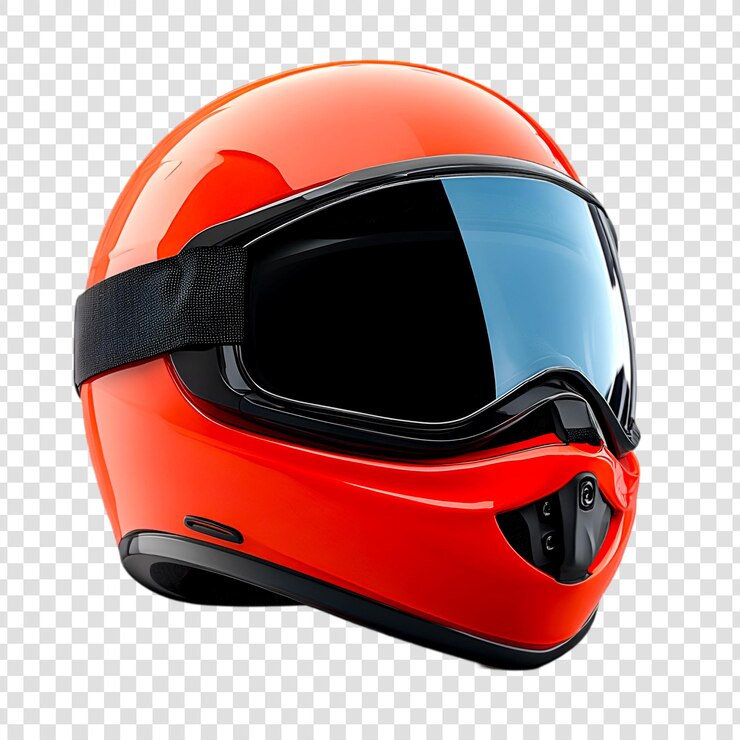 PSD close-up d'un casque de ski orange vibrant avec des lunettes sombres sur un fond transparent