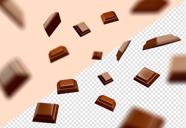 PSD close-up da pilha de pedaços de chocolate caindo muitos cubos de chocolate caindo renderização 3d ilustração 3d