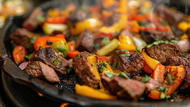 PSD close-up de bife quente com pimentas e cebolas coloridas em uma frigideira de ferro fundido