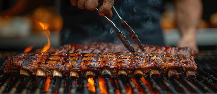 PSD close-up de costelas de churrasco em uma grelha com chamas