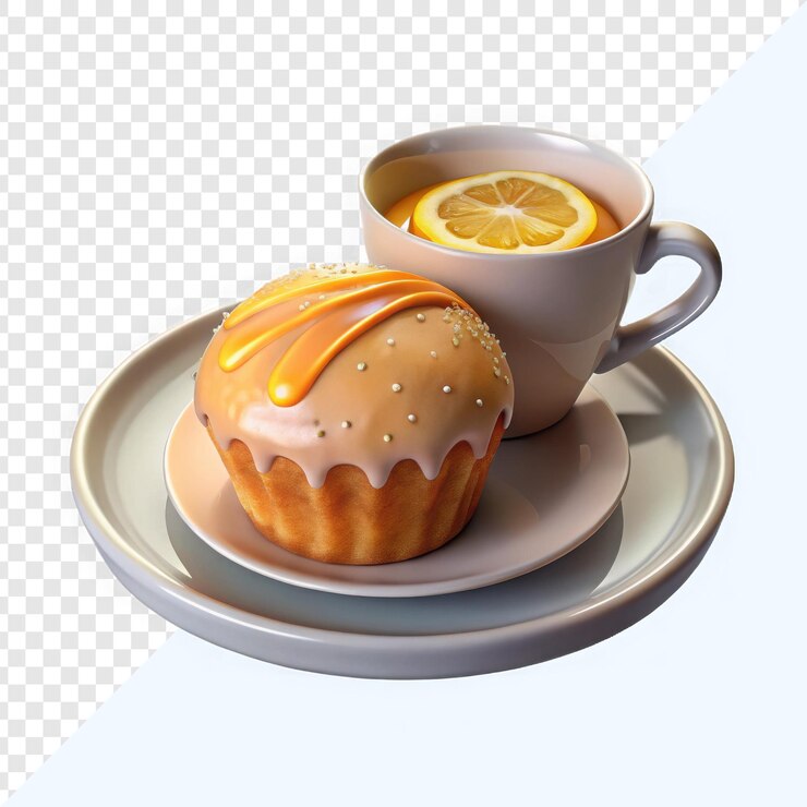 PSD close-up de cupcake com cobertura de laranja e xícara de chá de limão em prato de cor clara