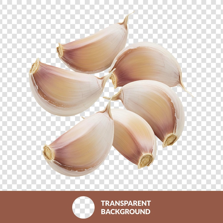 PSD close-up de dentes de alho frescos em fundo transparente