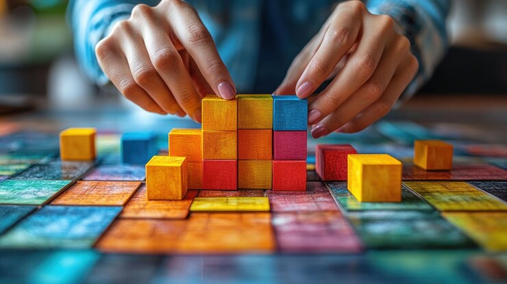 PSD close-up de mãos de mulheres construindo uma torre com blocos de madeira coloridos em um tabuleiro de jogo