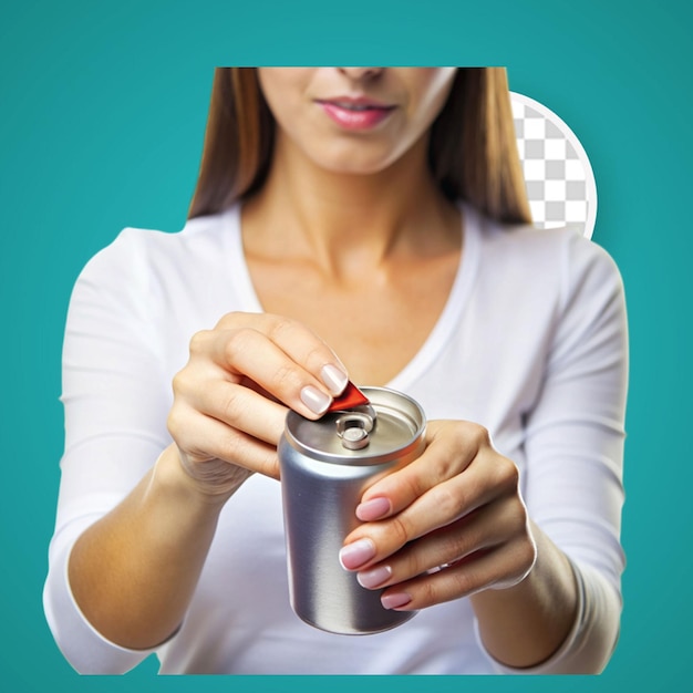 PSD close-up de mãos femininas abrindo uma lata de bebida