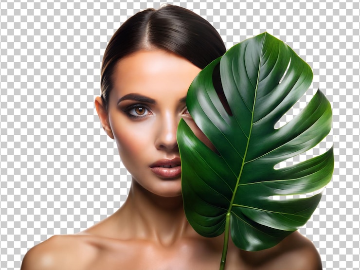 PSD close-up de mulher com folha tropical cobrindo metade do rosto isolado transparente