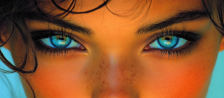PSD close-up de olhos expressivos de mulheres com íris azuis vibrantes