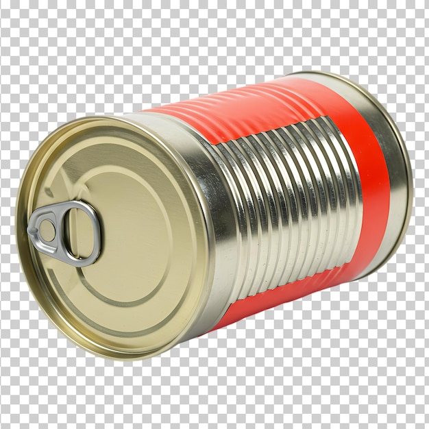 Close-up de um alimento enlatado com rótulo vermelho e anel de puxar