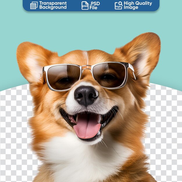 Close-up de um cão corgi feliz com óculos de sol prontos para o verão