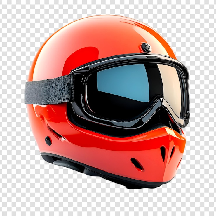 PSD close-up de um capacete de esqui laranja vibrante com óculos escuros em um fundo transparente