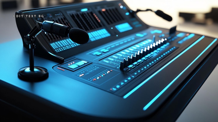 PSD close-up de um console de mistura de áudio profissional com dois microfones