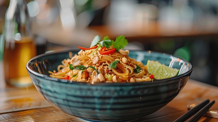 PSD close-up de um delicioso prato pad thai servido em uma tigela adornada com amendoim, pimentão e coentro