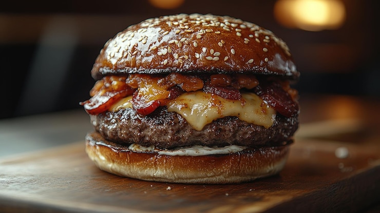PSD close-up de um hambúrguer suculento com bacon de queijo e cebolas caramelizadas em uma tábua de corte de madeira