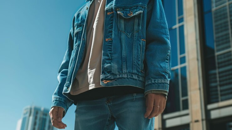 PSD close-up de um homem vestindo uma jaqueta de jeans azul em frente a um edifício moderno
