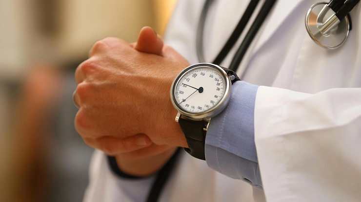 PSD close-up de um médico com as mãos juntas usando um relógio e um estetoscópio