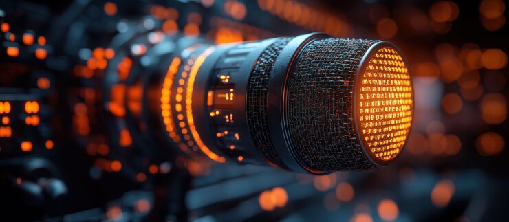 PSD close-up de um microfone profissional com luzes laranjas brilhantes o fundo bokeh