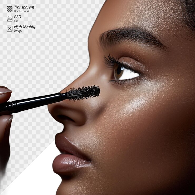 PSD close-up de um olho de mulher aplicando máscara com uma escova em fundo transparente destacando a beleza, elegância e precisão na aplicação de maquiagem
