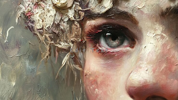 PSD close-up de um olho de mulher pintado com detalhes texturizados e elementos florais