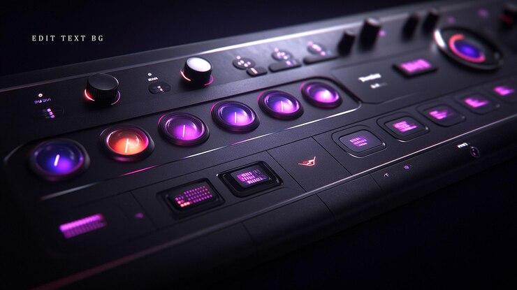 PSD close-up de um painel de controle elegante futurista com botões e botões iluminados