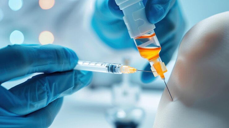 PSD close-up de um profissional médico administrando uma injeção no joelho