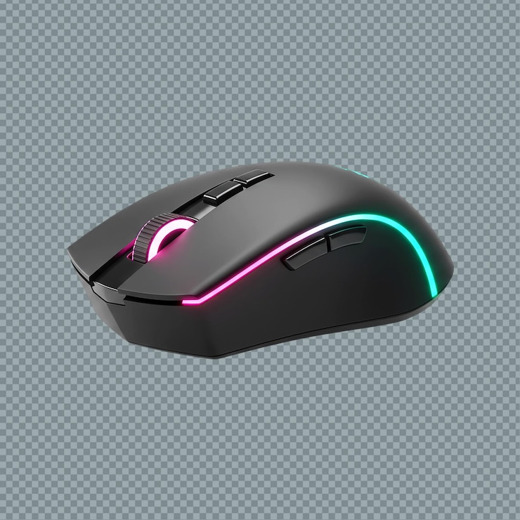 PSD close-up de um rato de computador preto com iluminação rgb em um fundo transparente png