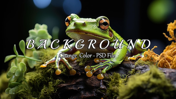 PSD close-up de um sapo verde vibrante empoleirado em um tronco de musgo cercado por vegetação exuberante e luz natural suave em um ambiente florestal