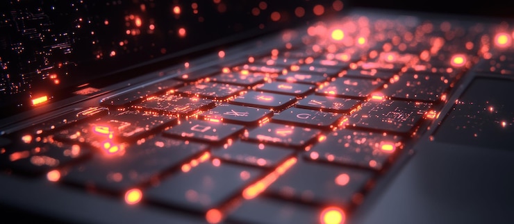 PSD close-up de um teclado de laptop brilhante com luzes vermelhas
