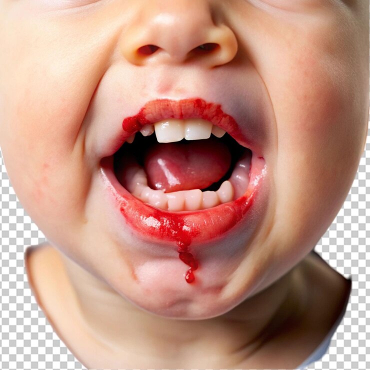 PSD close-up de uma boca aberta de um bebê com sangue em fundo transparente
