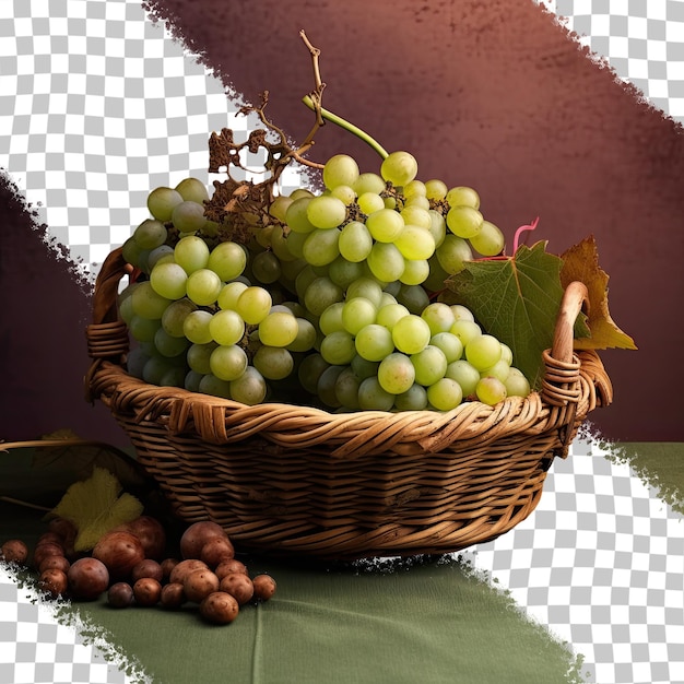 PSD close-up de uma cesta de vime preto cheio de uvas verdes