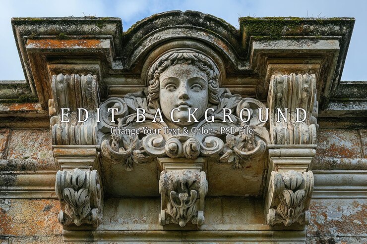 PSD close-up de uma escultura de pedra ornamentada de um rosto de mulher com desenhos florais em um edifício