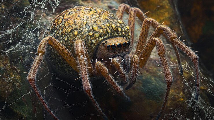 PSD close-up de uma grande aranha peluda em uma teia
