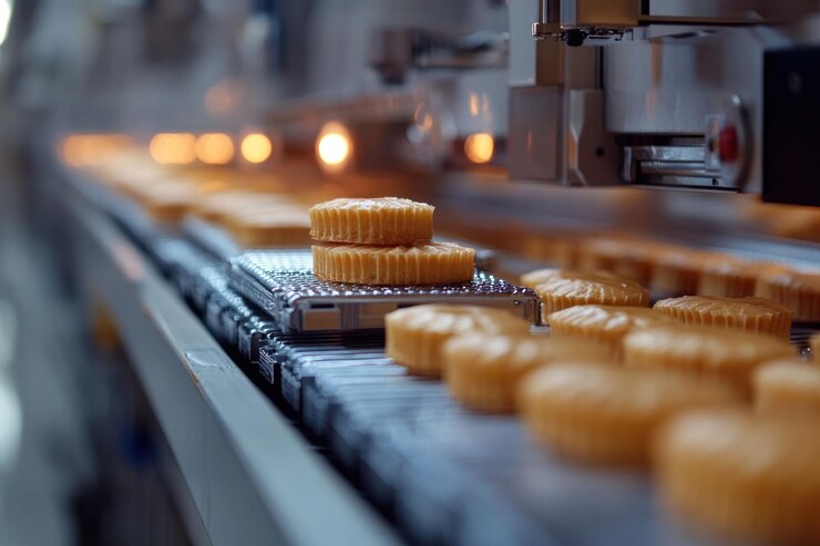 PSD close-up de uma linha de produção em uma fábrica de alimentos com uma pilha de biscoitos dourados sendo colocados em uma correia transportadora enquanto outros biscoitos se movem ao longo da linha iluminados por luzes brilhantes