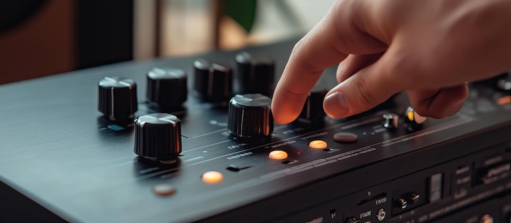 PSD close-up de uma mão ajustando um botão de um mixador de música