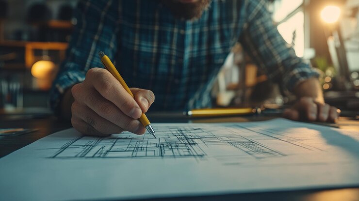 PSD close-up de uma mão de homem desenhando planos arquitetônicos em uma mesa