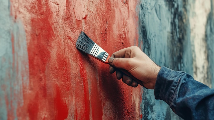 PSD close-up de uma mão pintando uma parede texturizada com um pincel aplicando tinta vermelha
