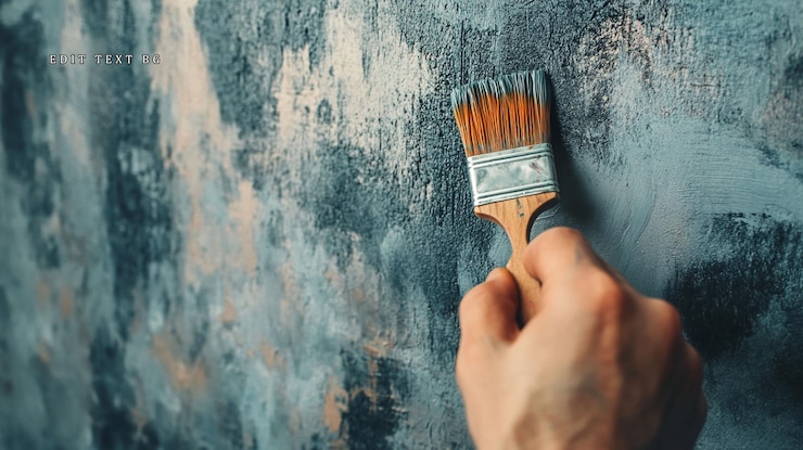 PSD close-up de uma mão pintando uma parede texturizada com um pincel