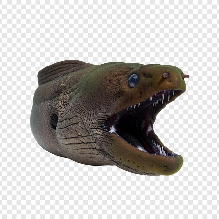 PSD close-up de uma moreia com a boca aberta, mostrando dentes afiados