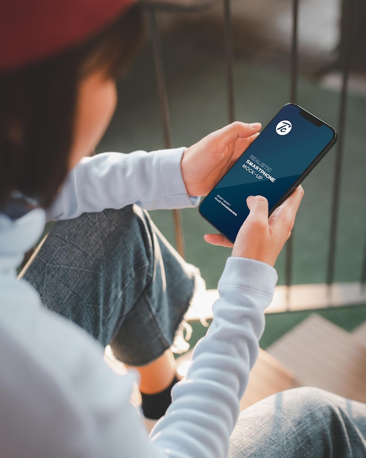 PSD close-up de uma mulher usando smartphone em um parque