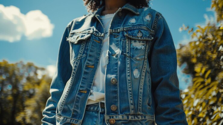 PSD close-up de uma mulher vestindo uma jaqueta de jeans angustiada contra um céu azul e fundo de folhagem verde