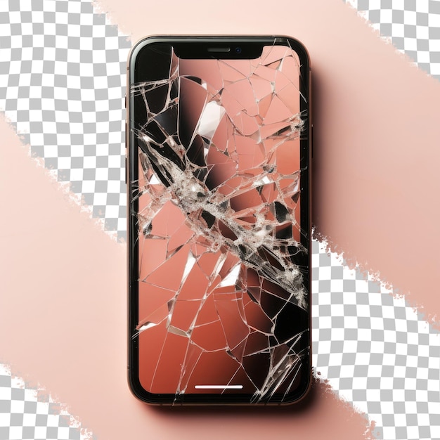 PSD close-up de uma tela de smartphone quebrada contra um fundo transparente