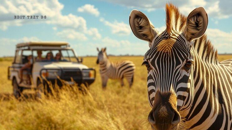 PSD close-up de uma zebra na savana africana com veículo de safári e turistas ao fundo