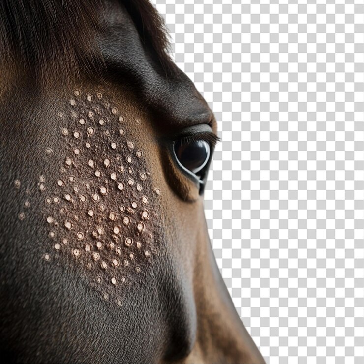 PSD close-up de urticária ou rodas alérgicas no pescoço de um cavalo isolado em fundo transparente