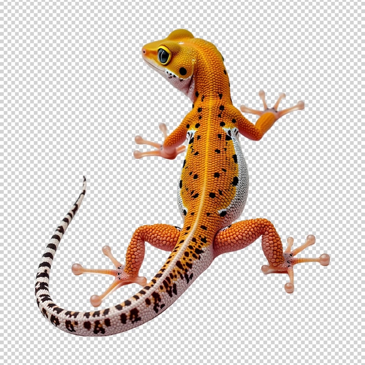 PSD un close-up detallado de un colorido geco con patrones naranja y negro