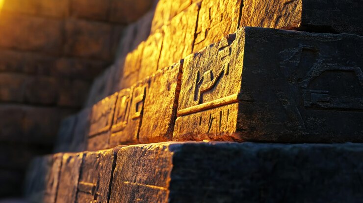 PSD close-up di antiche sculture in pietra illuminate dalla luce solare