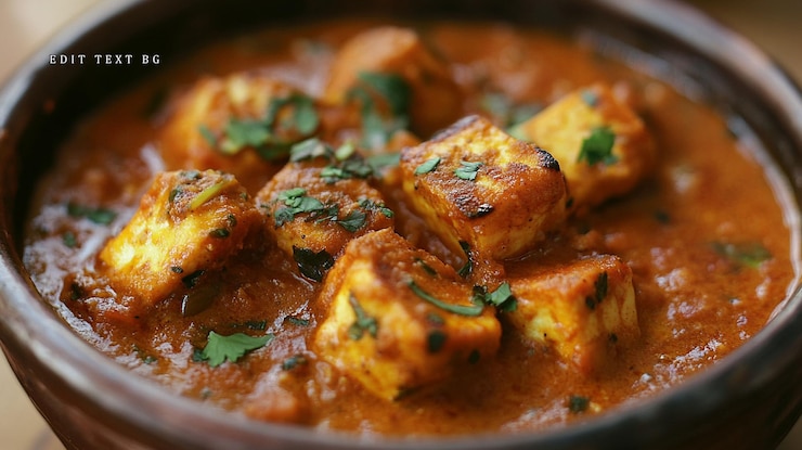 PSD close-up di aromatico paneer tikka masala in una ciotola guarnita con cilantro fresco