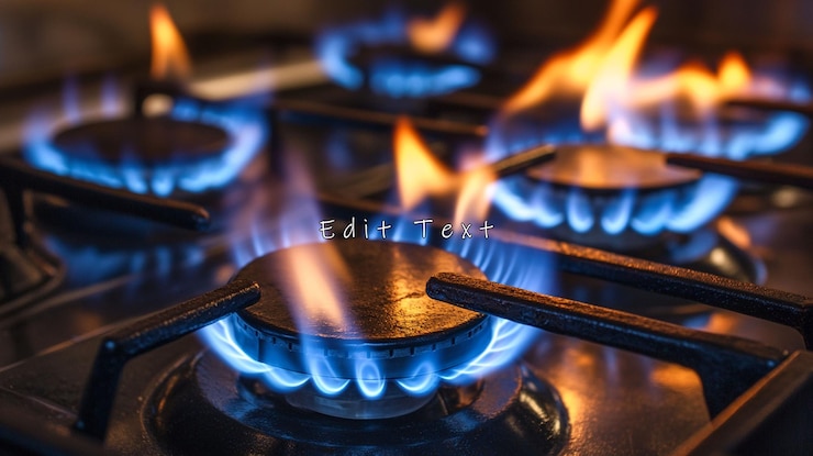 PSD close-up di bruciatori di stufe a gas con fiamme blu e arancione 1