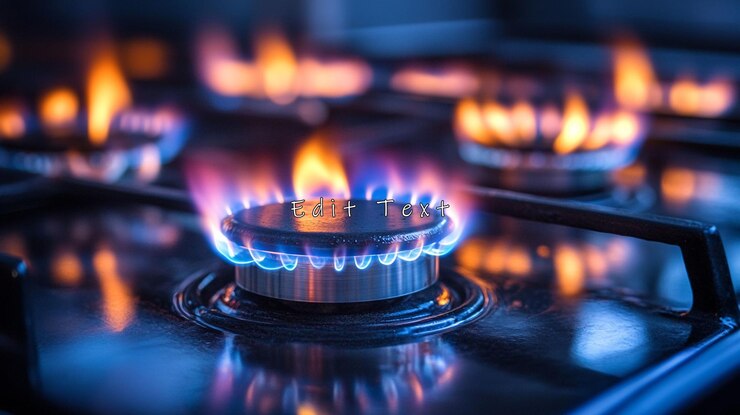 PSD close-up di bruciatori di stufe a gas con fiamme blu e arancione