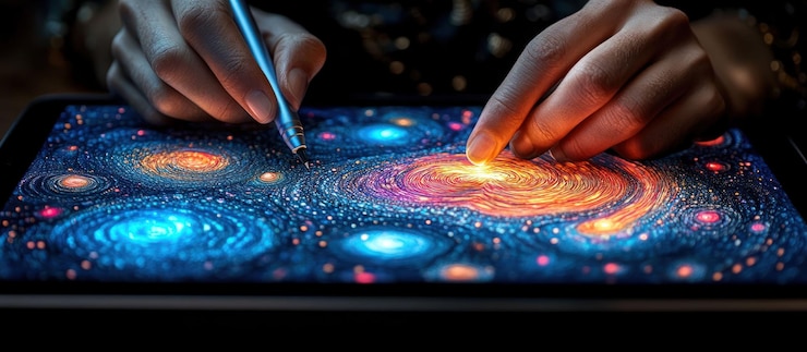 PSD close-up di mani che disegnano una galassia su un tablet digitale con una penna stilus